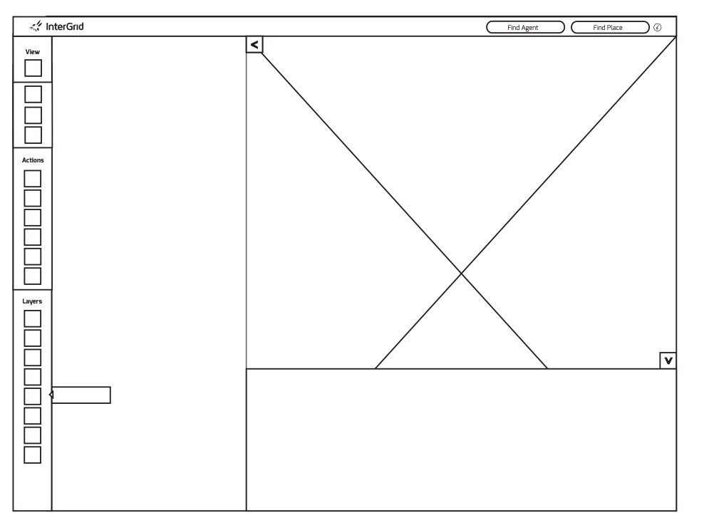 Low-fidelity wireframe: expanded map view with detail panel collapsed to a single arrow affordance